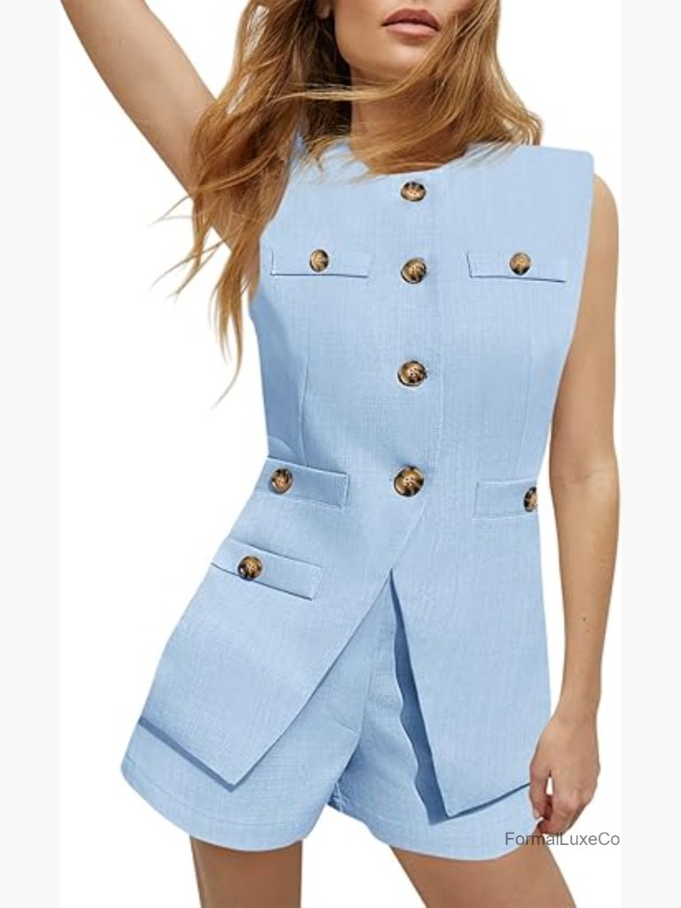 Women's 2 Piece Suit Set Sleeveless Blazer Vest Shorts Office Business